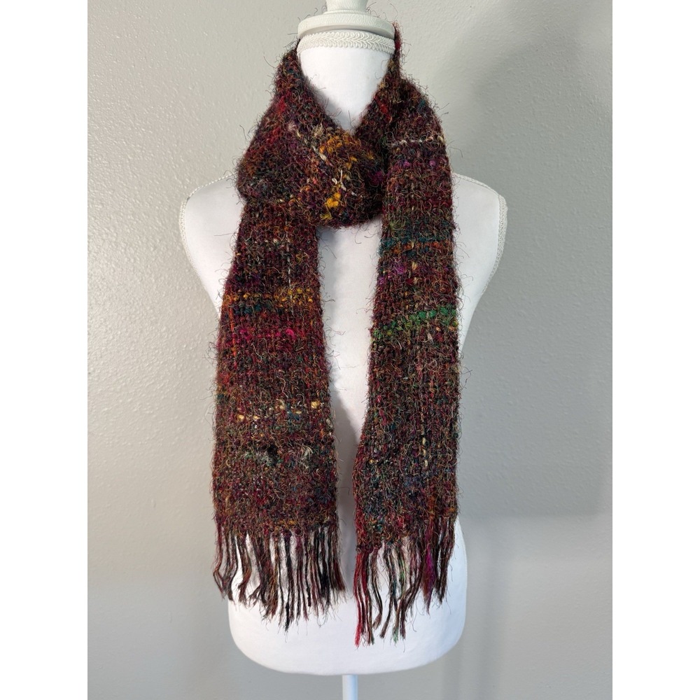 Manushi Nepal 100% Recycled Silk Marled Knit Fringe Scarf Boho Whimsigoth Earthy